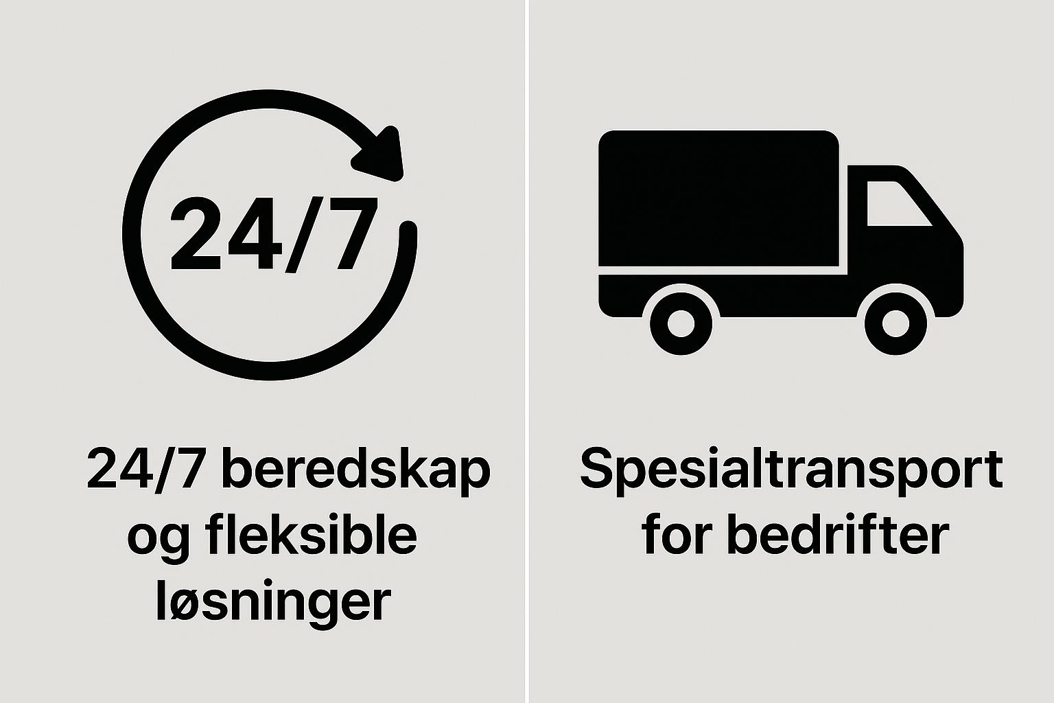 Illustrasjon med tekst "24/7 beredskap og fleksible løsninger" og "Spesialtransport for bedrifter".
